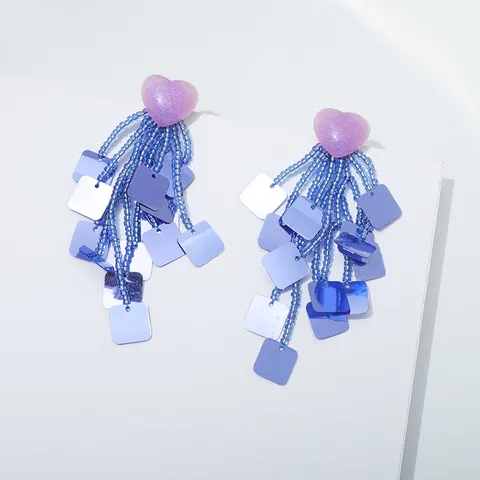 Koreaanse Stijl Glitter Hart Pailletten Hangende Oorbellen Handgeweven Synthetisch Kristal Kralen Bloem Kwastje Oorbellen 925 Zilveren Stift Sieraden Voor Dames