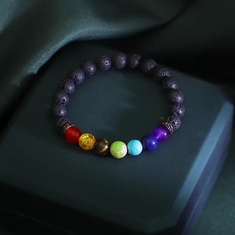 Natuurlijke Lavasteen Tijgeroog Agaat Kralen Stretch Armband Gekleurde Chakra Handsieraden Voor Mannen Vrouwen Geometrisch Cadeau