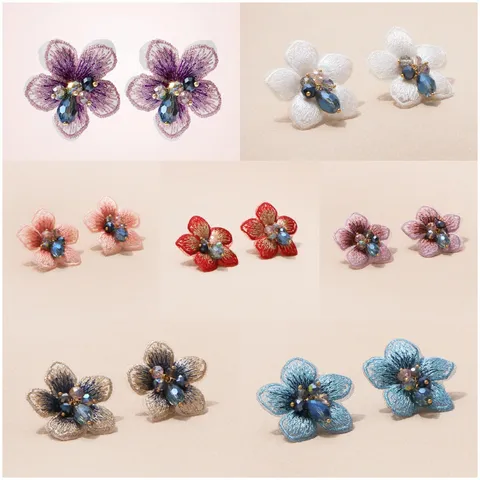 Mori Stijl Geborduurd Gaas Bloem Oorknopjes Voor Vrouwen Elegante Mesh Florale Strass Oorbellen Bruiloft Feest Sieraden