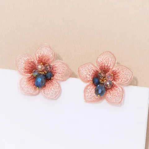 Mori Stijl Geborduurd Gaas Bloem Oorknopjes Voor Vrouwen Elegante Mesh Florale Strass Oorbellen Bruiloft Feest Sieraden