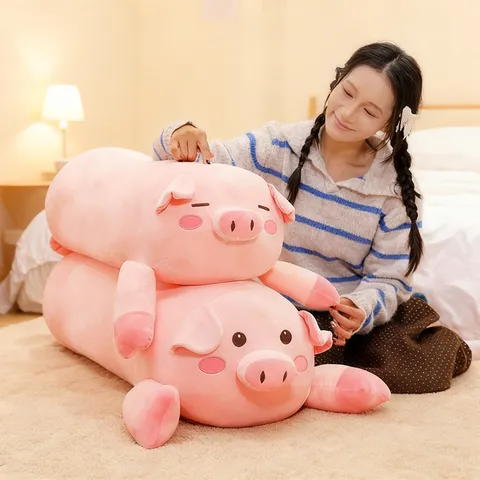 Cute Cartoon Pig Long Bolster Plush Toy Soft Stuffed Animal Pillow For Bed Sleeping Companion Home Decor