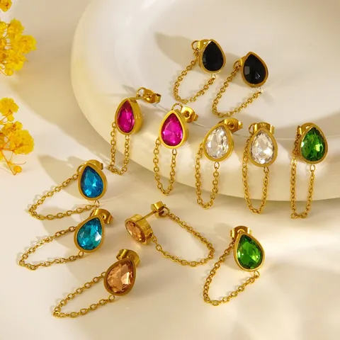 Stainless Steel Water Drop Necklace And Earrings Set 18K Gold Plated Rhinestone Pendant Necklace Fashion Jewelry For Women