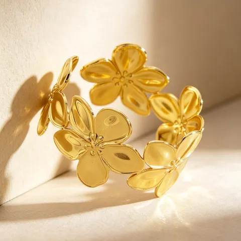 Fashion Stainless Steel Flower Open Cuff Bangle Western Style Botanical Floral Open Bangle Non-Fading Hand Jewelry For Women Party Daily Wear Elegant Wrist Accessory