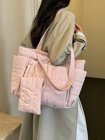 Dames Mode Gequilt Puffer Tote Bag Grote Capaciteit Lichtgewicht Stof Schoudertas Stedelijk Minimalistisch Casual Pendelen Reizen Handtas Met Tasje