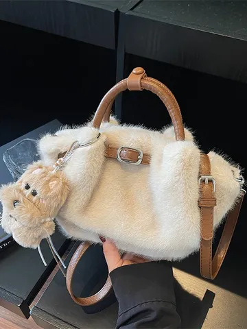 Korean Style Fluffy Plush Bucket Bag For Women Winter Chic Patchwork Shoulder Bag Versatile Handbag Crossbody Bag With Cute Pendant