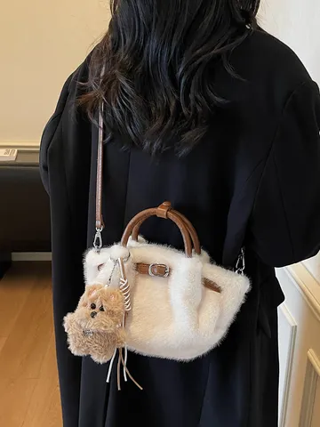 Korean Style Fluffy Plush Bucket Bag For Women Winter Chic Patchwork Shoulder Bag Versatile Handbag Crossbody Bag With Cute Pendant