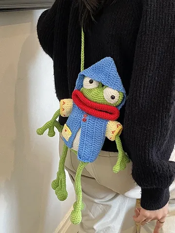 Mignonne Pochette Téléphone Grenouille Crochetée à la Main Sac Bandoulière Tricoté Animaux pour Femmes Enfants Cadeau