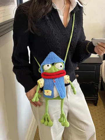 Mignonne Pochette Téléphone Grenouille Crochetée à la Main Sac Bandoulière Tricoté Animaux pour Femmes Enfants Cadeau