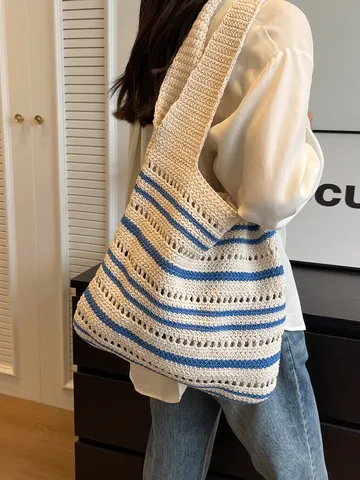 Women Artistic Fabric Woven Shoulder Bag Striped Hollow Out Knit Tote Bag Soft Large Capacity Hobo Handbag For Daily Vacation