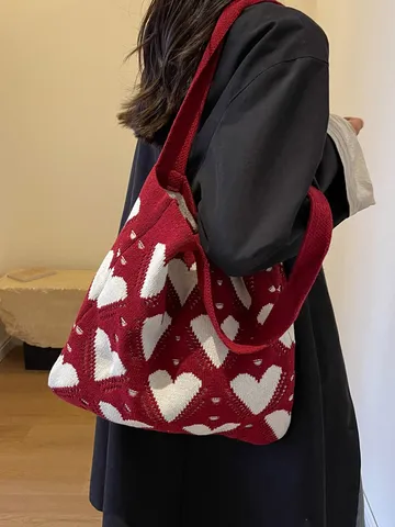 Korean Style Women Knit Tote Bag Heart Pattern Large Capacity Shoulder Bag Casual Commuter Woven Fabric Beach Handbag