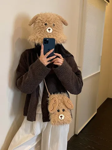 Lindo Bolso de Peluche para Teléfono de Oso de Dibujos Animados Sombrero de Pescador Conjunto Divertente Bolso Bandolera de Invierno para Mujeres