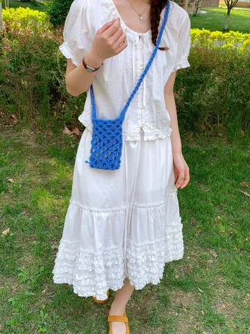 Dopamine Colorful Cotton Thread Hollow Woven Phone Bag Casual Versatile Single Shoulder Crossbody Beach Bag