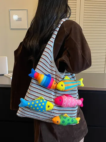 Borsa a Spalla da Donna in Maglia con Pesce Carino Borsa Tote a Uncinetto a Righe Ondulate Stile Dopamina Borsa da Spiaggia Vacanza Sottoascella per Donna Casual