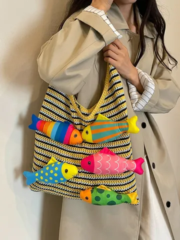 Borsa a Spalla da Donna in Maglia con Pesce Carino Borsa Tote a Uncinetto a Righe Ondulate Stile Dopamina Borsa da Spiaggia Vacanza Sottoascella per Donna Casual