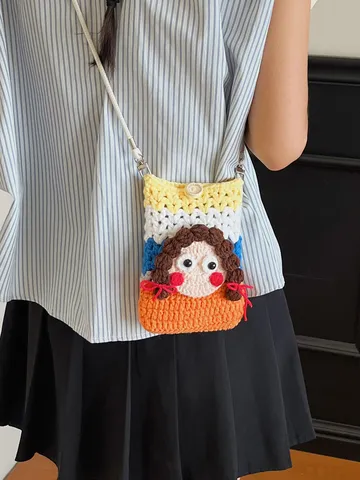 Süß Cartoon Puppe Strick Umhängetasche Trendige Handgemachte Häkeln Garn Mini Schultertasche Leichte Kleine Münztasche Für Damen Mädchen Alltag Dekor