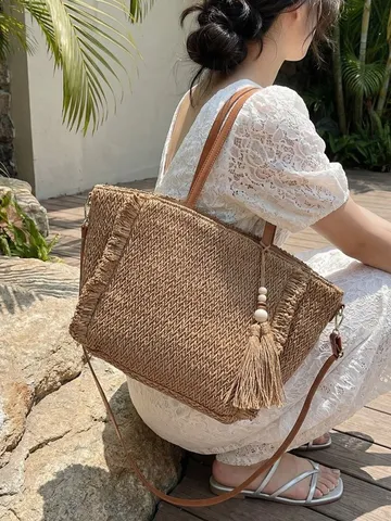 Damen Strohtasche Große Kapazität Gewebte Schultertasche Sommer Strand Urlaub Handtasche Umhängetasche Mit Quaste Holzperlen