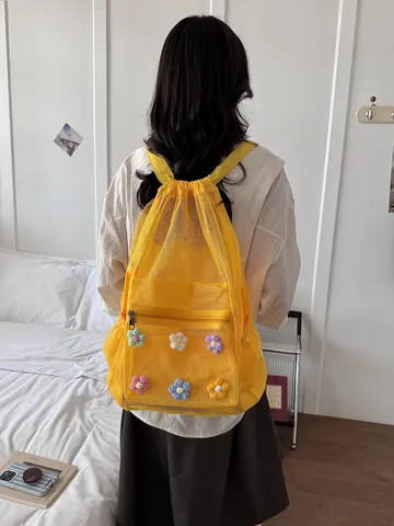 Nylon Mesh Beach Backpack Hollow Out Breathable Backpacking Bag With Crochet Flowers Drawstring Travel Backpack For Vacation Sports Teenagers