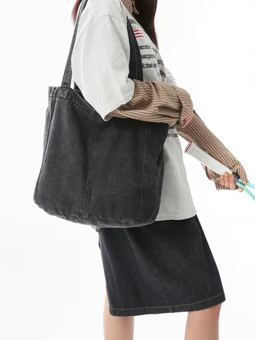 Women's Casual Denim Tote Bag Large Capacity Vintage Washed Shoulder Bag Commuter Handbag Student Book Bag