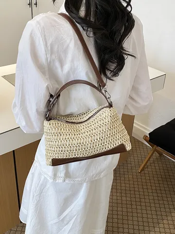 Womens Straw Woven Crossbody Bag Casual Beach Vacation Shoulder Bag Large Capacity PU Leather Trim Straw Handbag