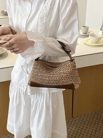 Womens Straw Woven Crossbody Bag Casual Beach Vacation Shoulder Bag Large Capacity PU Leather Trim Straw Handbag