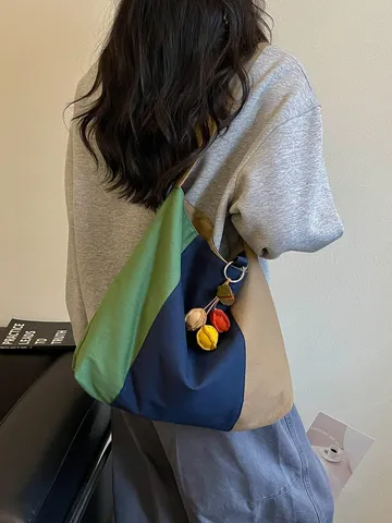 Retro Vintage Color Block Canvas Tote Bag Women Large Capacity Casual Shoulder Bag Commuter Handbag Student Book Bag