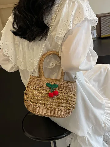 Womens Straw Woven Crossbody Bag Hollow Out Beach Vacation Shoulder Handbag With Pearl Chain Cherry Decor