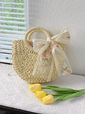 Bolso Bandolera de Paja Tejida Estilo Pastoral para Mujer Forma de Concha Tote Bolso de Mano Con Lazo Para Vacaciones de Verano Playa