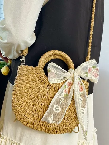 Bolso Bandolera de Paja Tejida Estilo Pastoral para Mujer Forma de Concha Tote Bolso de Mano Con Lazo Para Vacaciones de Verano Playa