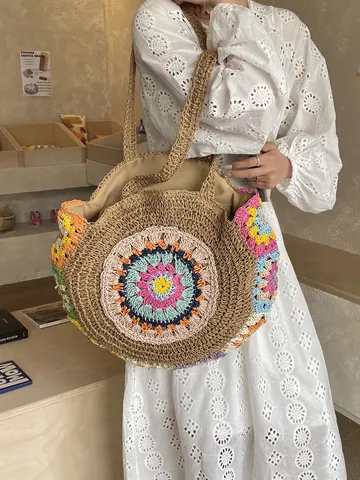 Bohemian Ethnic Woven Straw Bag Large Capacity Round Shoulder Bag Colorful Crochet Beach Vacation Handbag