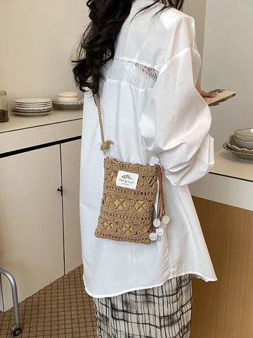 Womens Woven Crossbody Phone Bag Boho Knit Hollow Out Shoulder Bag Beach Small Handbag With Fringe Starfish Pendant