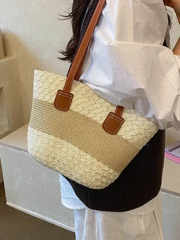 Womens Large Capacity Straw Woven Shoulder Bag Casual Color Block Tote Bag Beach Vacation Travel Handbag