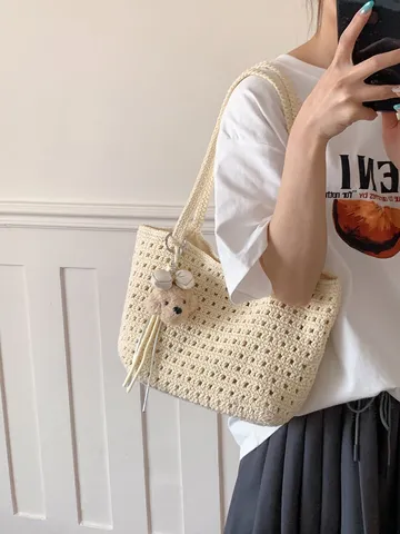 Womens Hollow Out Crochet Woven Shoulder Bag Large Capacity Casual Vacation Beach Tote Bag With Cute Pendant