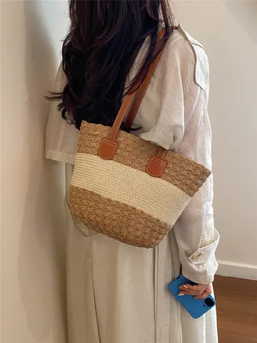 Womens Large Capacity Straw Woven Shoulder Bag Casual Color Block Tote Bag Beach Vacation Travel Handbag