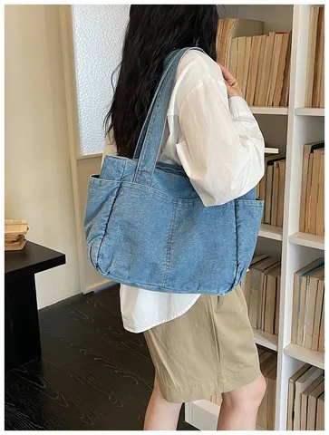 Fashion Retro Casual Denim Tote Bag Μεγάλης Χωρητικότητας Washed Denim Commuter Handbag Simple Travel Shoulder Bag