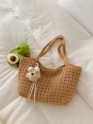 Womens Hollow Out Crochet Woven Shoulder Bag Large Capacity Casual Vacation Beach Tote Bag With Cute Pendant