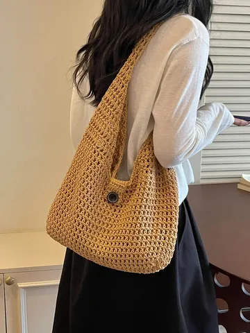 Borsa a Tracolla Intrecciata Casual da Donna Traforata Uncinetto Tote Bag Grande Capacità Estate Spiaggia Vacanza Borsa