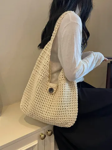 Borsa a Tracolla Intrecciata Casual da Donna Traforata Uncinetto Tote Bag Grande Capacità Estate Spiaggia Vacanza Borsa
