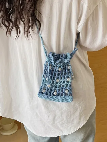 Womens Hollow Out Beaded Woven Mobile Phone Bag Beach Vacation Casual Crossbody Shoulder Bag Polyester Knit Handbag