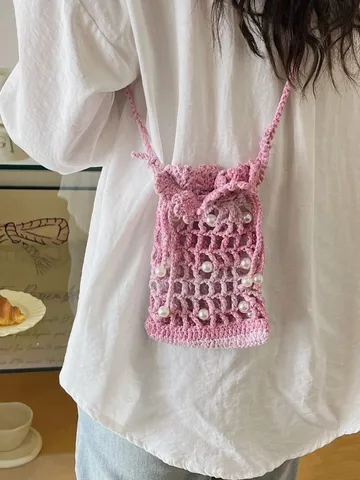 Womens Hollow Out Beaded Woven Mobile Phone Bag Beach Vacation Casual Crossbody Shoulder Bag Polyester Knit Handbag