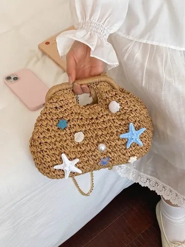 Borsa a Tracolla in Paglia Tessuta da Donna Vacanza Spiaggia Conchiglia Perla Catena Borsa a Spalla Moda Casual Borsa a Mano