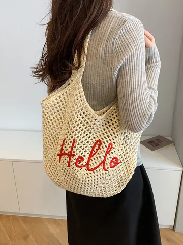 Casual Υφαντή Βαμβακερή Τσάντα Παραλίας Τσάντα Tote με Κέντημα Γράμμα για Γυναίκες Καλοκαιρινές Διακοπές Καθημερινή Χρήση