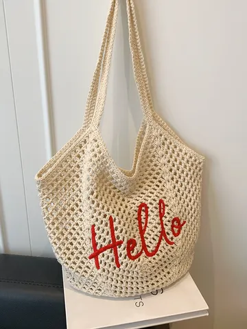 Casual Υφαντή Βαμβακερή Τσάντα Παραλίας Τσάντα Tote με Κέντημα Γράμμα για Γυναίκες Καλοκαιρινές Διακοπές Καθημερινή Χρήση