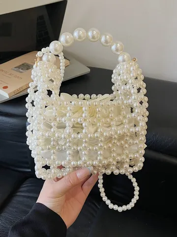 Mujer Mini Tejido Perla Artificial Abalorios Bolso Bandolera Elegante Elegante Cadena Bolso de Mano Diario Hombro Accesorio Bolso