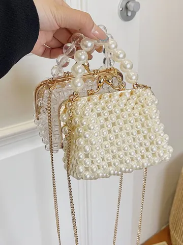 Womens Pearl Beaded Crossbody Bag Mini Handbag Elegant Chain Shoulder Bag Versatile Chic Purse For Daily Party