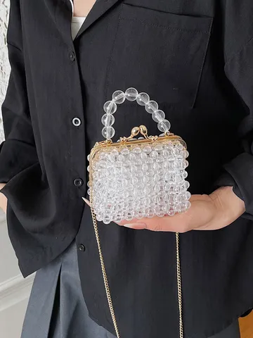 Womens Pearl Beaded Crossbody Bag Mini Handbag Elegant Chain Shoulder Bag Versatile Chic Purse For Daily Party