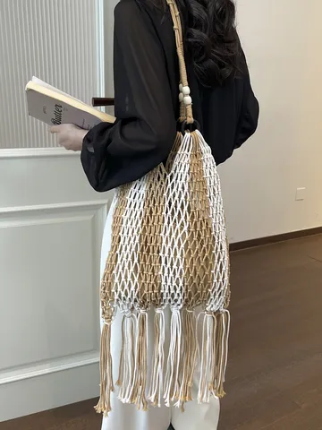 Womens Hollow Woven Beach Bag Casual Vacation Totes Handbag Cotton Thread Shoulder Bag With Long Tassels