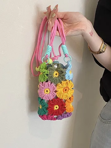 Damen Häkeln Handytasche Handgemachte Wollgarn Strick Umhängetasche Bunte Blume Schultertasche Süße Alltags Tasche