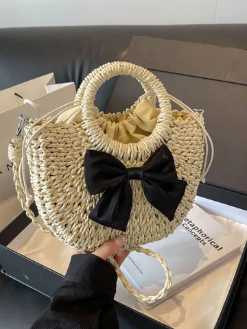 Mujer Verano Pastoral Paja Tejida Bolso Bandolera Lazo Dulce Bolso de Mano Casual Playa Bolso de Hombro Vacaciones Viaje Bolso