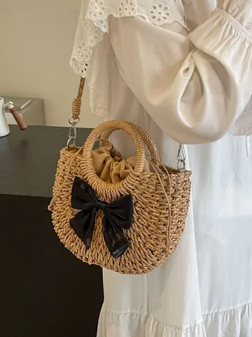 Mujer Verano Pastoral Paja Tejida Bolso Bandolera Lazo Dulce Bolso de Mano Casual Playa Bolso de Hombro Vacaciones Viaje Bolso