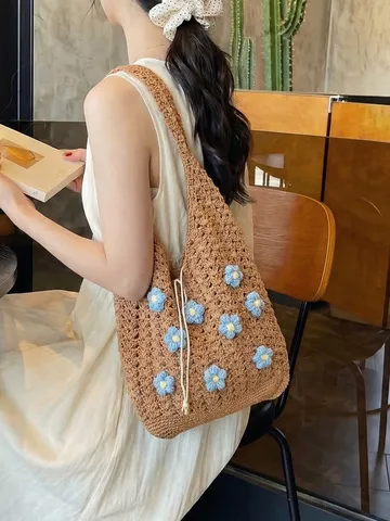 Mujer Gran Capacidad Bolso Tote Tejido Verano Estilo Fresco Casual Bolso de Hombro Dulce Floral Bolso